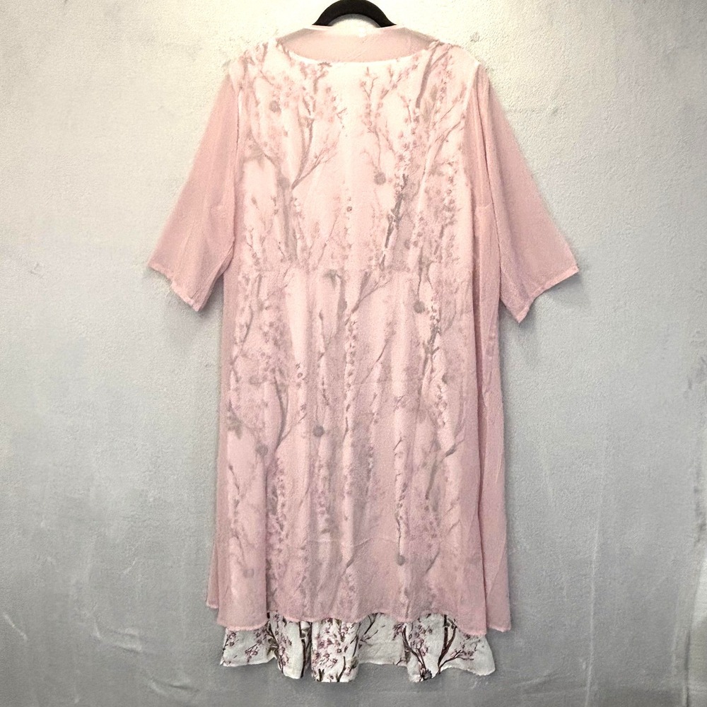 Pink Floral Tank Dress 2pc Set Womens 3XL Chiffon Lightweight Kaftan Sheer Top - Picture 2 of 16